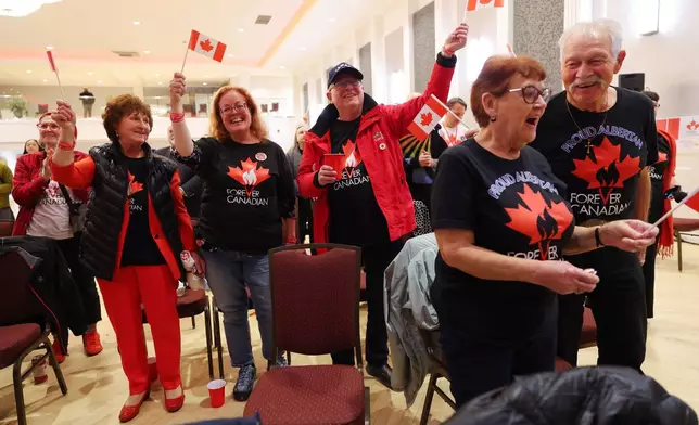 Supporters wait for results at the pro-Canada watch party in Edmonton, Alberta Monday, Oct. 19, 2026. (James Maclennan/The Canadian Press via AP)