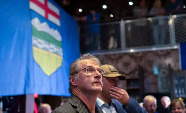 Alberta Prosperity Project supporters watch the referendum results start to appear in Edmonton, Alberta Monday, Oct. 19, 2026. (John Ulan/The Canadian Press via AP)