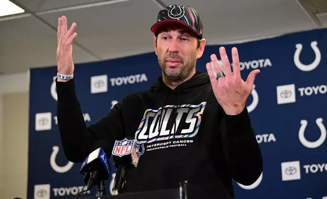 Indianapolis Colts head coach Shane Steichen speaks during a press conference following an NFL football game against the Pittsburgh Steelers in Pittsburgh, Sunday, Oct. 11, 2026. (AP Photo/David Dermer )