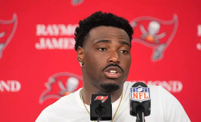 Tampa Bay Buccaneers quarterback Jalon Daniels speaks during a news conference following an NFL football game against the Green Bay Packers in Tampa, Fla., Sunday, Oct. 4, 2026. (AP Photo/Chris O'Meara)