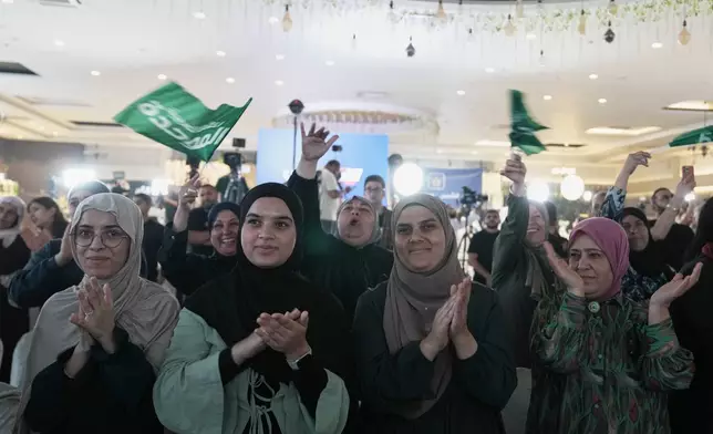 Supporters of Israeli lawmaker Mansour Abbas's Raam party applaud and wave party flags after the release of the first exit poll results in Israel's general election, in Sakhnin, Israel, Tuesday, Oct. 27, 2026. (AP Photo/Mahmoud Illean)