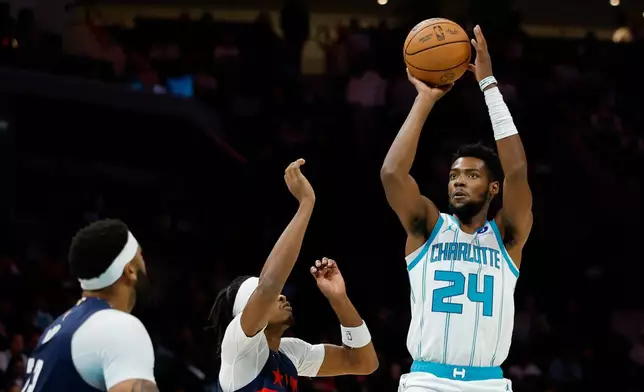 Charlotte Hornets forward Brandon Miller (24) looks to shoot against the Washington Wizards during the first half of an NBA basketball game in Charlotte, N.C., Monday, Oct. 26, 2026. (AP Photo/Nell Redmond)