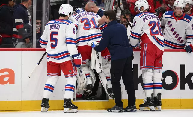 New York Rangers goaltender Igor Shesterkin (31) leaves an NHL hockey game after he was injured during the second period against the Washington Capitals, Friday, Oct. 9, 2026, in Washington. (AP Photo/Nick Wass)