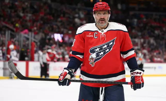 Washington Capitals left wing Alex Ovechkin looks on during the first period of an NHL hockey game against the New York Rangers, Friday, Oct. 9, 2026, in Washington. (AP Photo/Nick Wass)