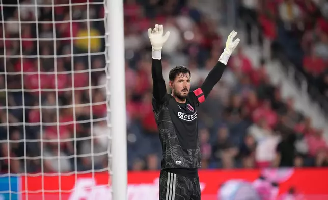 St. Louis City goalkeeper Roman Bürki prepares for a corner kick during the first half of an MLS soccer match against the Vancouver Whitecaps Wednesday, Oct. 14, 2026, in St. Louis. (AP Photo/Jeff Roberson)