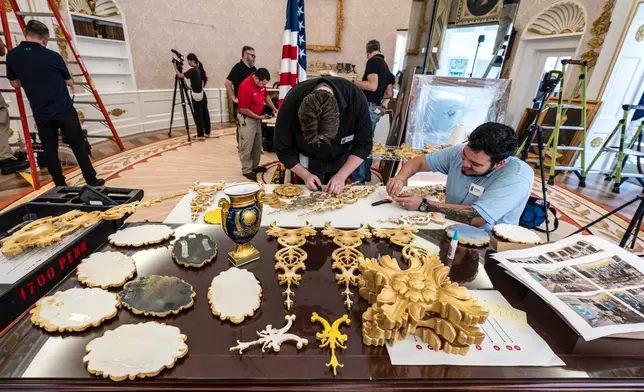 A replica of President Donald Trump's Oval Office is updated to the current decor by workers at "The People's House: A White House Experience," in Washington, Friday, Oct. 2, 2026. (AP Photo/J. Scott Applewhite)