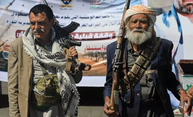 Houthi supporters attend an armed tribal rally in Sanaa, Yemen, Wednesday, Oct. 7, 2026. (AP Photo/Osamah Abdulrahman)