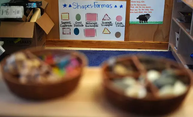 A poster shows common shapes labeled in both English and Spanish inside a classroom at a Head Start preschool in Immokalee, Fla., Thursday, Sept. 10, 2026. (AP Photo/Rebecca Blackwell)