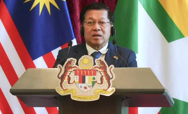 Myanmar's President Min Aung Hlaing speaks during a joint press conference with Malaysia's Prime Minister Anwar Ibrahim following their meeting in Putrajaya, Malaysia, Thursday, Oct. 8, 2026. (AP Photo/Azneal Ishak, Pool)