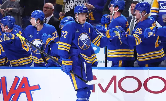 Buffalo Sabres center Tage Thompson (72) celebrates his goal during the second period of an NHL hockey game against the Chicago Blackhawks Saturday, Oct. 3, 2026, in Buffalo, N.Y. (AP Photo/Jeffrey T. Barnes)