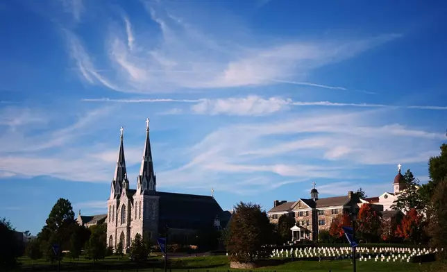 St. Thomas of Villanova Church is seen at Villanova University in Villanova, Pa., Wednesday, Oct. 21, 2026. (AP Photo/Matt Rourke)
