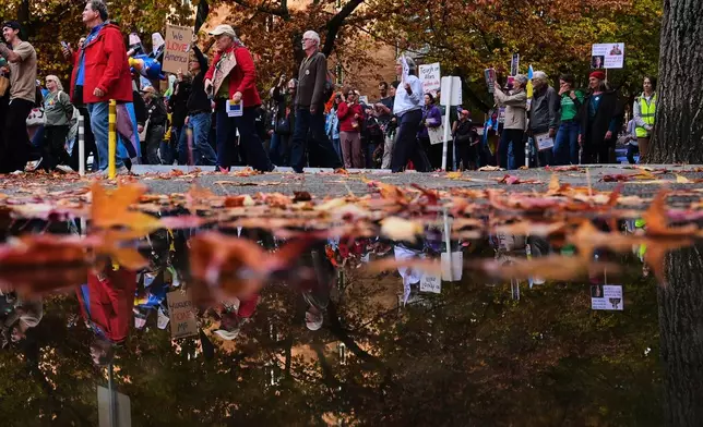 People participate in a "No Kings" rally encouraging early voting in Seattle, Saturday, Oct. 17, 2026. (AP Photo/Lindsey Wasson)
