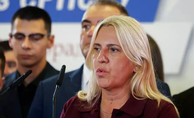 Zeljka Cvijanovic of the Alliance of Independent Social Democrats (SNSD), speaks during a news conference following the publication of general election results, in Banja Luka, Bosnia, Sunday, Oct. 4, 2026. (AP Photo/Radivoje Pavicic)