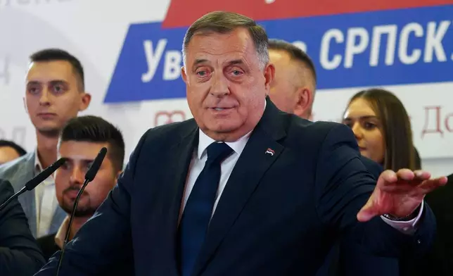 Leader of the Alliance of Independent Social Democrats (SNSD), Milorad Dodik, speaks during a news conference following the publication of general election results, in Banja Luka, Bosnia, Sunday, Oct. 4, 2026. (AP Photo/Radivoje Pavicic)