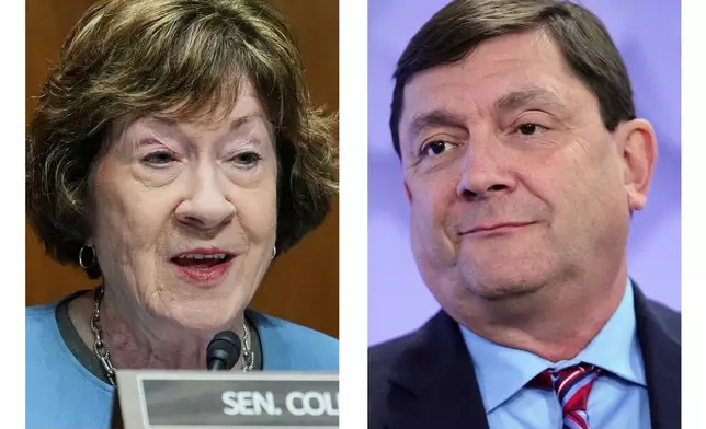 This combination of photos shows Sen. Susan Collins, R-Maine, on Sept. 24, 2026, in Washington, left, and her challenger for the Maine's U.S. Senate seat, Democratic candidate Troy Jackson on July 16, 2026, in Portland, Maine. (AP Photo/Mariam Zuhaib, Robert F. Bukaty)