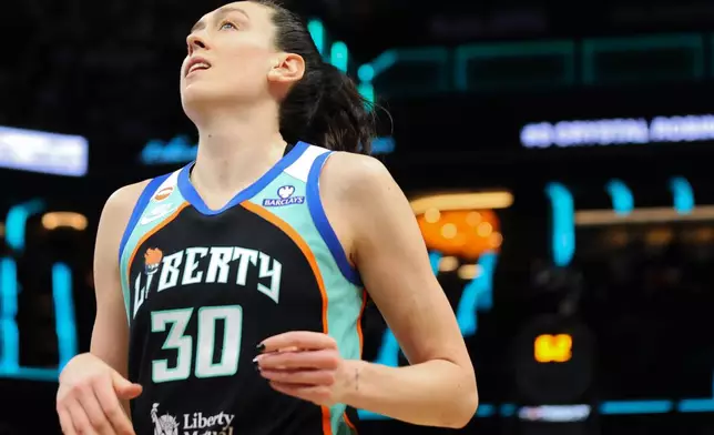 New York Liberty forward Breanna Stewart reacts in the final seconds of Game 3 of the WNBA basketball semifinals against the Atlanta Dream, Friday, Oct. 9, 2026, in New York. (AP Photo/Heather Khalifa)