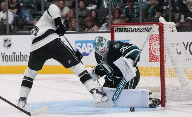 San Jose Sharks goaltender Yaroslav Askarov, right, defends against a shot by Los Angeles Kings right wing Adrian Kempe during the second period of an NHL hockey game, Saturday, Oct. 3, 2026, San Jose, Calif. (AP Photo/Jeff Chiu)