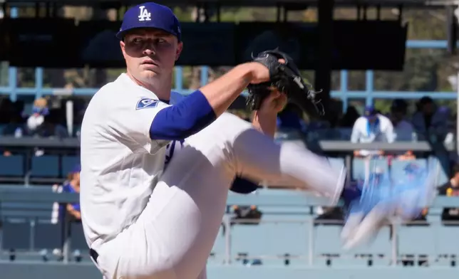 Los Angeles Dodgers starting pitcher Tarik Skubal works against an Atlanta Braves batter during the first inning of Game 1 of a National League Division Series baseball game Saturday, Oct. 3, 2026, in Los Angeles. (AP Photo/Mark J. Terrill)