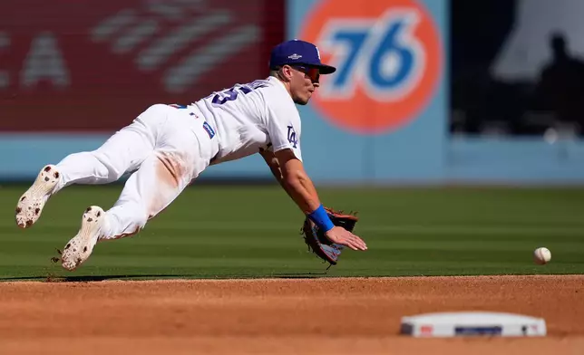 Los Angeles Dodgers second baseman Tommy Edman fields a ball before throwing to first for the out on Atlanta Braves' Ronald Acuña Jr. during the fourth inning of Game 1 of a National League Division Series baseball game Saturday, Oct. 3, 2026, in Los Angeles. (AP Photo/Mark J. Terrill)