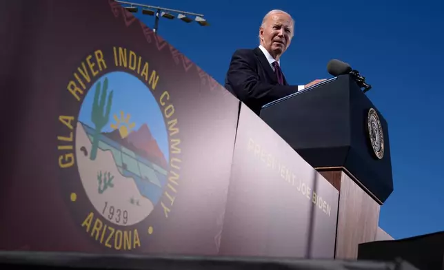 FILE - President Joe Biden speaks at the Gila Crossing Community School in the Gila River Indian Community reservation in Laveen, Ariz., Friday, Oct. 25, 2024. (AP Photo/Manuel Balce Ceneta,File)