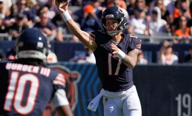 Chicago Bears quarterback Tyson Bagent throws during the first half of an NFL football game against the New York Jets Sunday, Oct. 4, 2026, in Chicago. (AP Photo/Nam Y. Huh)