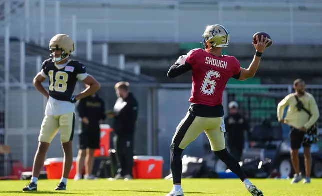New Orleans Saints quarterback Tyler Shough (6) during an NFL football practice session in Versailles near Paris, Wednesday, Oct. 21, 2026. (AP Photo/Aurelien Morissard)