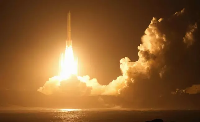 An H3 rocket lifts off from the Tanegashima Space Center in Kagoshima prefecture, southern Japan, Tuesday Oct. 20, 2026. (Naoki Hiraoka/Kyodo News via AP)