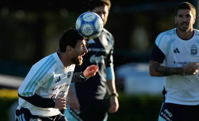 Argentina's Lionel Messi trains for his final game with the national team, an international friendly soccer match against Benin, in Buenos Aires, Argentina, Monday, Oct. 5, 2026. (AP Photo/Gustavo Garello)