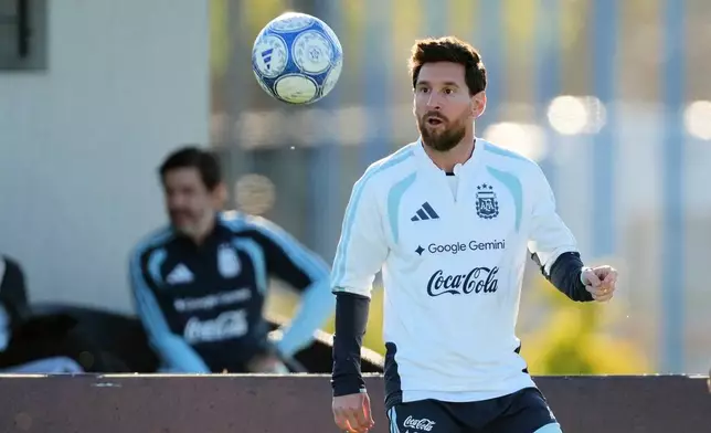 Argentina's Lionel Messi trains for his final game with the national team, an international friendly soccer match against Benin, in Buenos Aires, Argentina, Monday, Oct. 5, 2026. (AP Photo/Gustavo Garello)