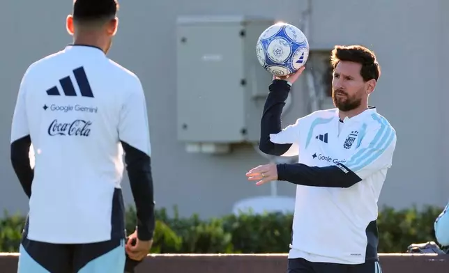 Argentina's Lionel Messi trains for his final game with the national team, an international friendly soccer match against Benin, in Buenos Aires, Argentina, Monday, Oct. 5, 2026. (AP Photo/Gustavo Garello)