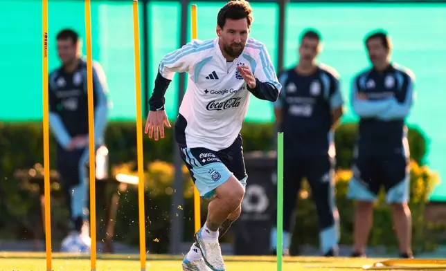 Argentina's Lionel Messi trains for his final game with the national team, an international friendly soccer match against Benin, in Buenos Aires, Argentina, Monday, Oct. 5, 2026. (AP Photo/Gustavo Garello)