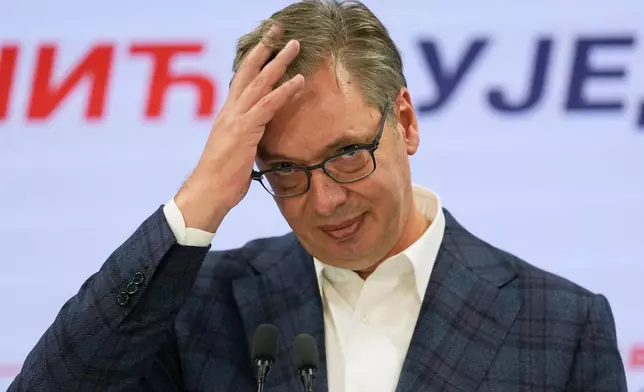 Aleksandar Vucic, leader of the right-wing Serbian Progressive Party (SNS) speaks at the party headquarters, after conceding defeat in the parliamentary election in Belgrade, Serbia, Sunday, Oct. 25, 2026. (AP Photo/Darko Vojinovic)