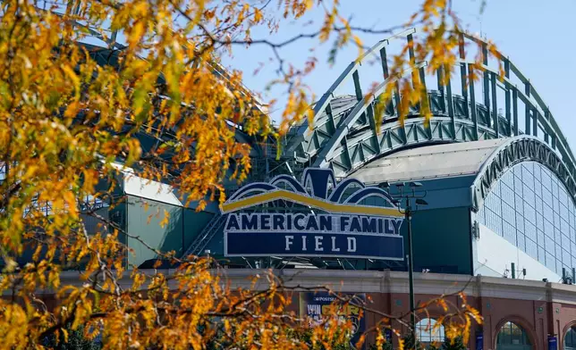 Fall colors are seen outside American Family Field prior to Game 2 of baseball's National League Championship Series between the Milwaukee Brewers and the Los Angeles Dodgers, Monday, Oct. 12, 2026, in Milwaukee. (AP Photo/Kayla Wolf)