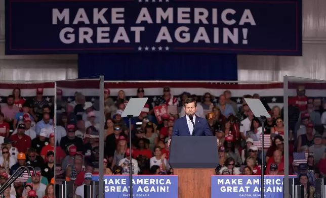 Georgia Attorney General candidate Brian Strickland speaks before President Donald Trump arrives at a campaign rally at Dalton Municipal Airport, Friday, Oct. 16, 2026, in Dalton Ga. (AP Photo/Mike Stewart)