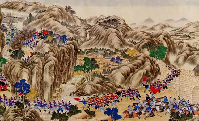 果敢距清政治中心極遠，一直安然無恙，圖為《平定回匪戰圖》之《雲南趙州蒙化大理府兩關回民戰圖》軸 (局部) (網上圖片)