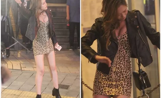 夜蒲打扮嘅盈盈夾出4吋深溝，加上白滑長腿，極度養眼。