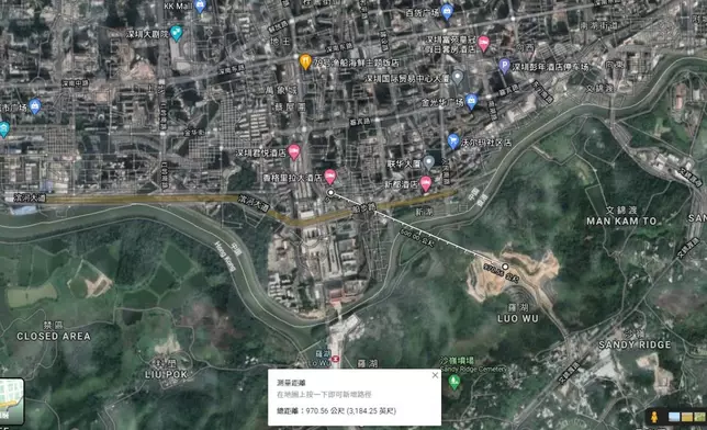 沙嶺殯葬城地盤距離深圳羅湖的商業購物區約有數百米。Google地圖截圖