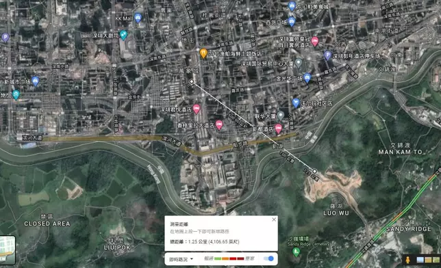 沙嶺殯葬城地盤距離深圳羅湖的萬象城約有1公里距離。Google地圖截圖