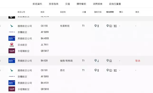 離港航班。機管局網頁截圖