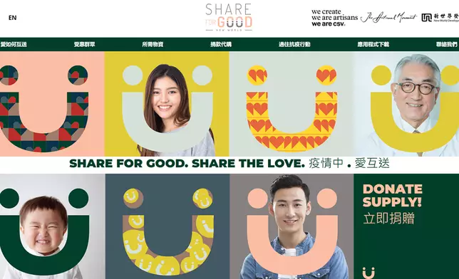 新世界推出香港首個大型捐贈配對平台「Share for Good 愛互送」，平台將開放予全香港巿民參與，歡迎個人、團體或私人機構登記成為捐助者。「Share for Good 愛互送」網站：https://shareforgoodhk.com/