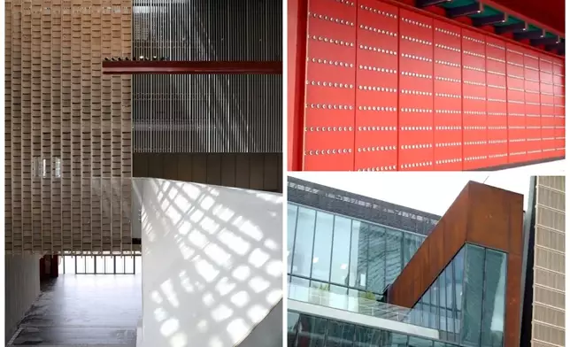 香港故宮文化博物館正門呼應紫禁城的紅牆，以經典的朱紅色「迎賓」，金黃色天花遠看仿如竹簾，又似輕紗，館內的中軸線布局，層層遞進，以三個分別面向西九文化區、維港及大嶼山景緻的中庭貫穿整座大樓，引領訪客向上層參觀。 （左圖及右上圖為嚴迅奇提供圖片）