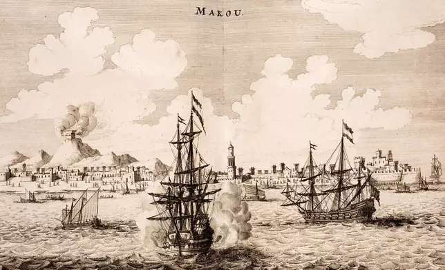 荷蘭戰艦砲擊澳門港口，1665年畫。 (網上圖片)