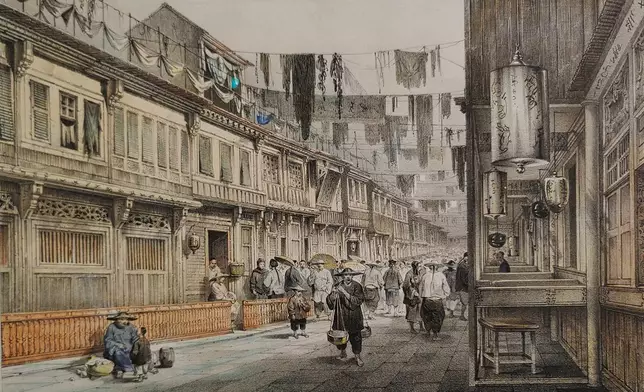 由巴化勒米‧拉偉涅Barthelemy Lauvergne(1805-1871)畫、比切博斯Bichebois(1801-1850)印製之約1840-1866年「十三行同文街一景」。(資料圖片)