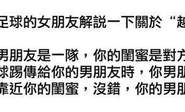 網友嘗試從女朋友視角出發解釋「越位」。網上截圖