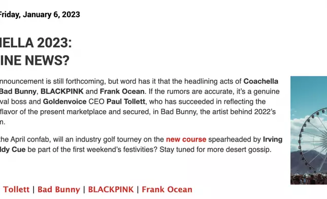 《HITS Daily Double》消息指BLACKPINK會成為今年Coachella的領銜嘉賓之一（網上圖片）