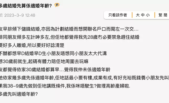 港女於香港討論區以「依家幾多歲結婚先算係適婚年齡?」為題發文。