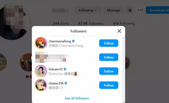 被捕潘女的胞姊IG連藝人方皓玟、練美娟及前《全民造星III》參賽者兼新晉歌手CY陳宗澤都有追蹤，未知他們是否認識潘女胞姊本人。