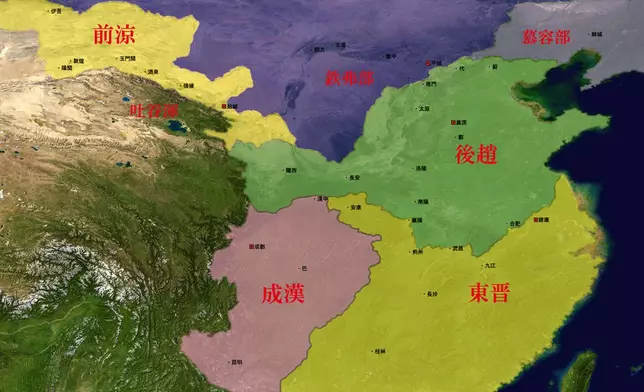 公元333年後趙疆域圖。與東晉及成漢三分天下。(網上圖片)