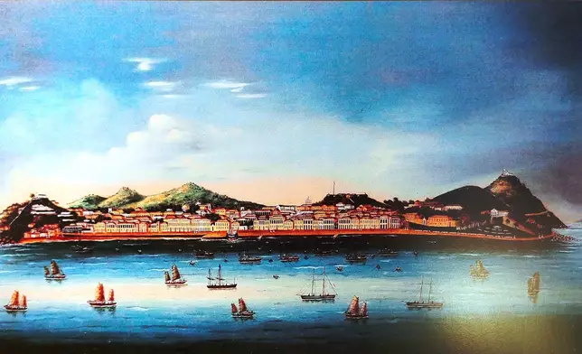 1840年澳門南灣外港洋面。按乾隆二十四年(1759年)防夷五事規定，貿易季結束後，外國商人得駕船回國，或在澳門就地過冬。(資料圖片)
