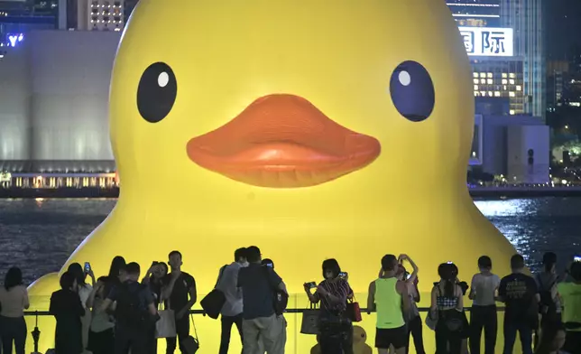 晚上與黃色巨鴨拍照別有一番特色。